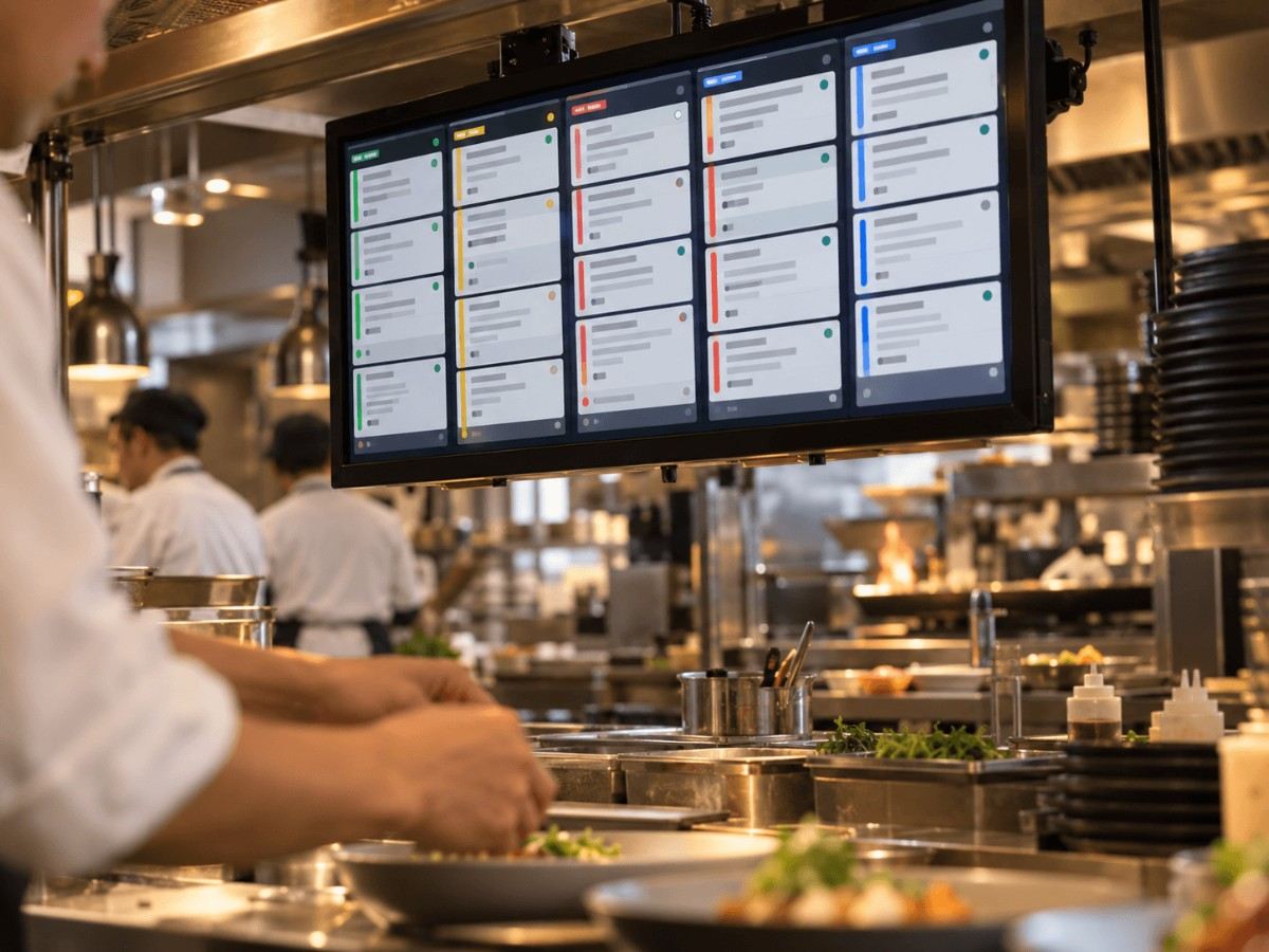 ZABPOS kitchen display system showing multi-station KOT routing in a restaurant kitchen