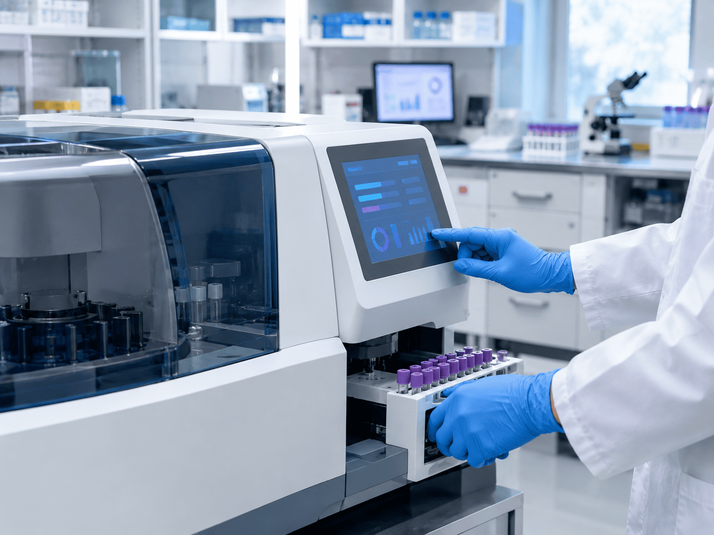 Laboratory analyzer machine connected to ZAB MediSuit via LIS and RIS integration for automated lab results